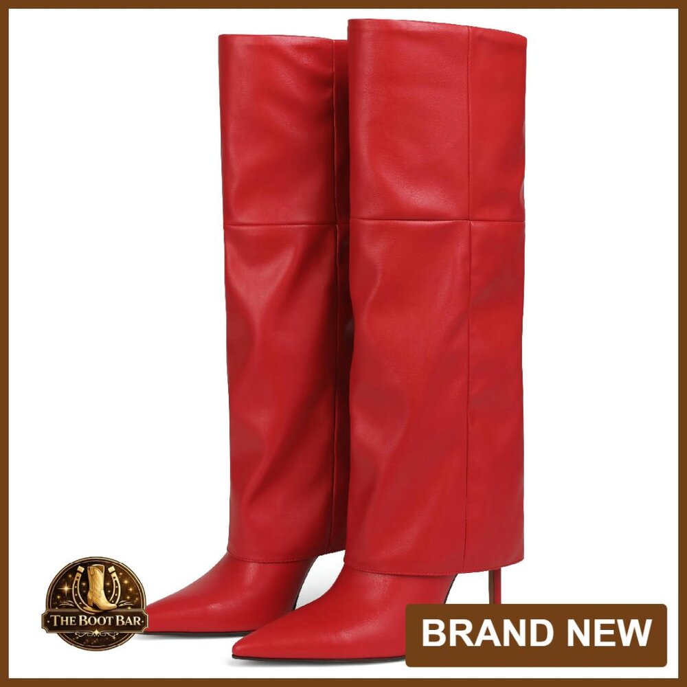 Knee High Stiletto Boots Fold Over Slip On Pointed Toe Women's Size